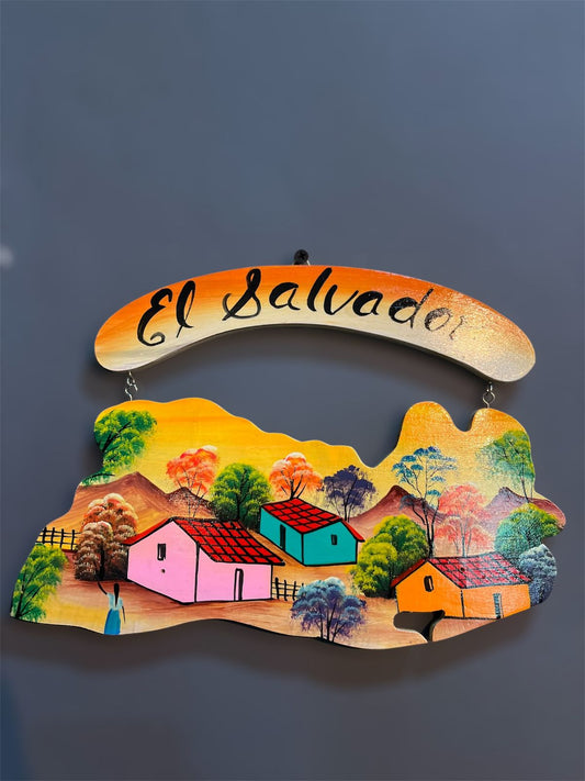 Mapa de madera colgante con paisaje